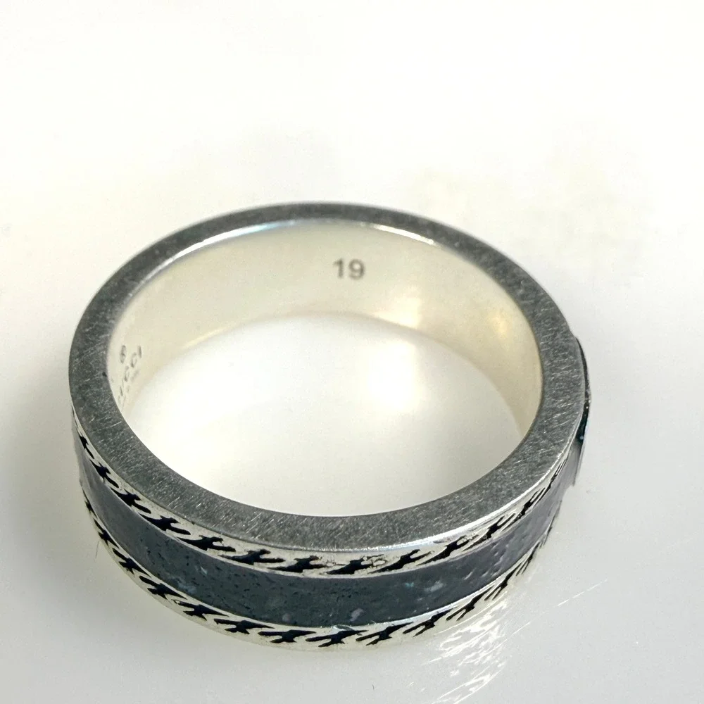 Gucci 745573 Interlocking GG Black Resin Sterling Silver Ring Size 19 US 8 3/4
